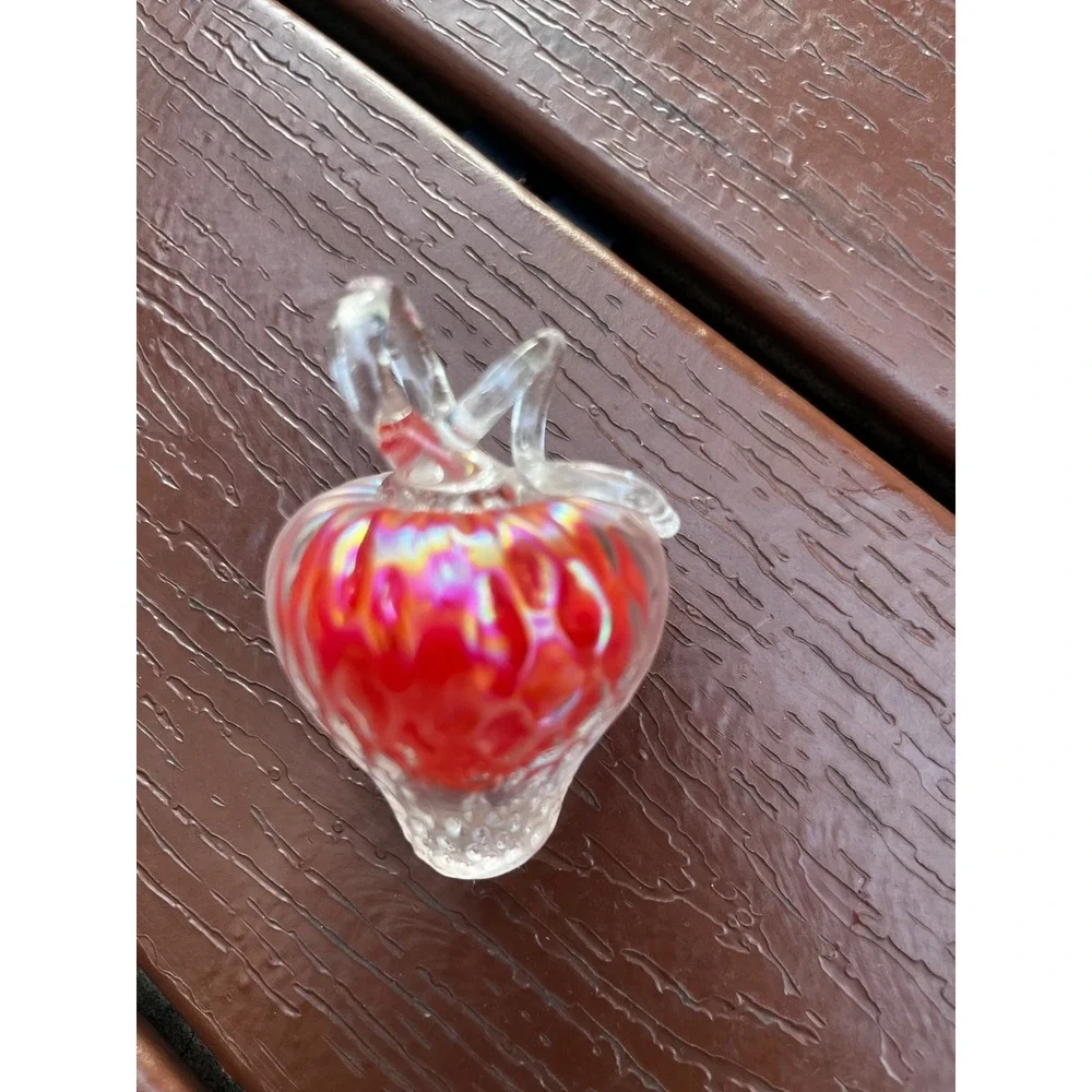 Artisan Hand Blown Iridescent Glass Strawberry Ornament Suncatcher Red Clear